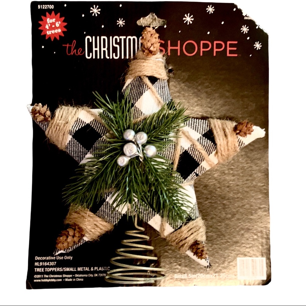 Farmhouse Black & White Buffalo Check Star Tree Topper With Jute Rope Metal Stem